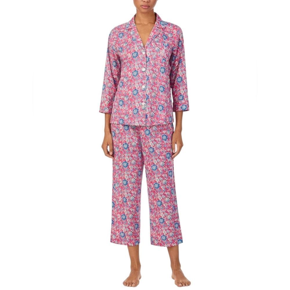Lauren Ralph Lauren PJ Set 3/4 Sleeve Woven Cropped Ground Floral Pink Size L